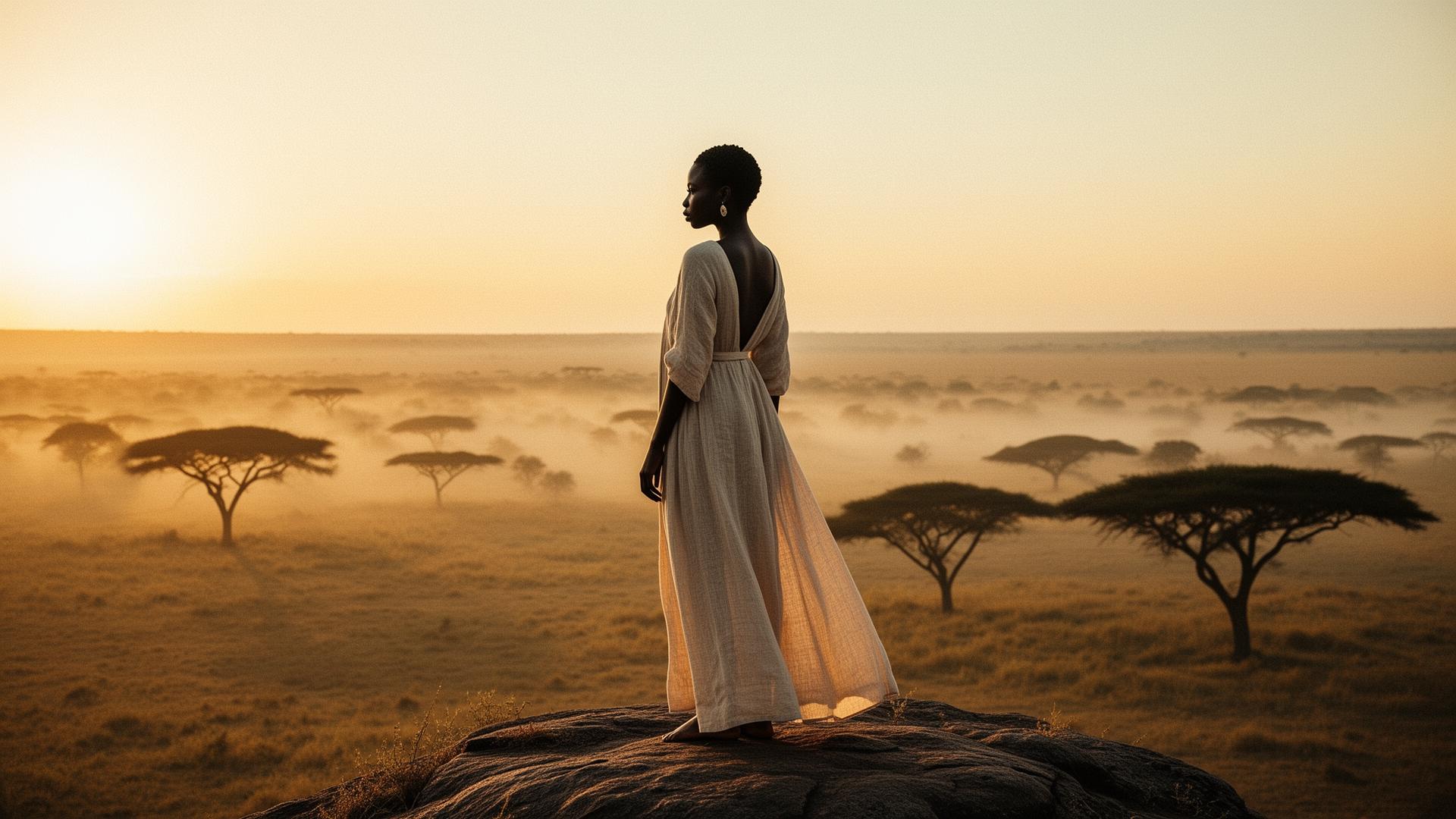 Woman overlooking the African savanna at sunrise